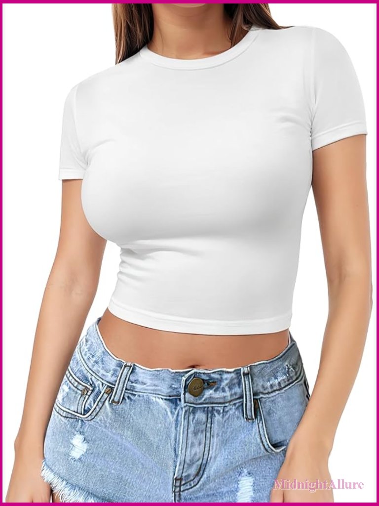 Short Sleeve Crop Top Crew Neck Y2k Slim Fit Base Layer Workout Shirt